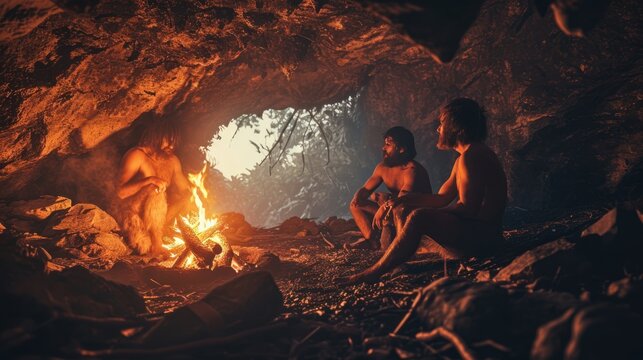cavewoman working in cave preparing food with bonfire. Photorealistic.