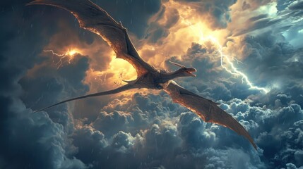 Flying dinosaur, Pterodactyl, flying in thunderstorm. Photorealistic.