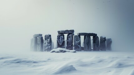 Famous Stonehenge ancient mystery site in winter with snow in England UK.