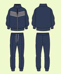 Men's Terry Fleece Athleisure Funnel Neck Navy Sweatshirt Jogger Set Fashion Flat Sketch with Black and White Outline – Front and Back View Template Mock-up