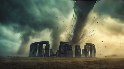 A twister funnel touching down on famous Stonehenge ancient mystery site in England UK.