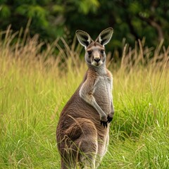 Kangaroo standing in the tall grass looking at the camera.
