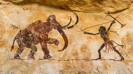 Rock painting of hunting scene of a team of primitive cavemen attacking a giant mammoth in wild field.