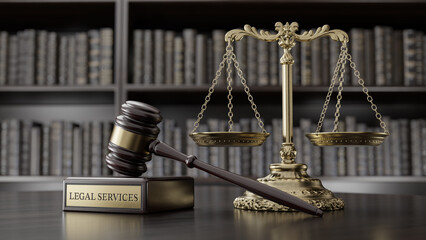 Legal Services: Judge's Gavel as a symbol of legal system, Scales of justice and wooden stand with text word on the background of books