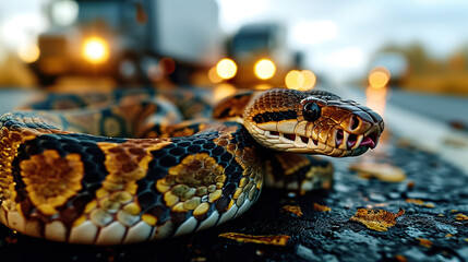 Fototapeta premium Close-up of a Boa Boidae python on a paved road with a blurry truck in the background.
