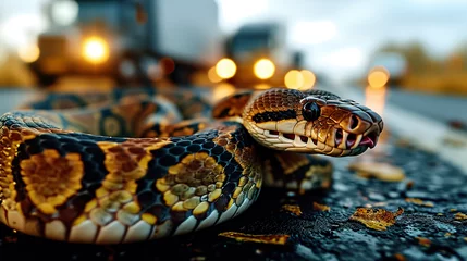  Close-up of a Boa Boidae python on a paved road with a blurry truck in the background. © Morng