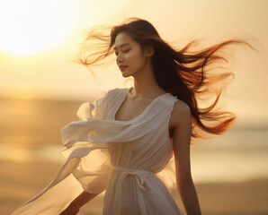 Fototapeta na wymiar A beautiful Korean beauty in a white dress on a golden beach at sunset. Dramatic scene like a movie. 