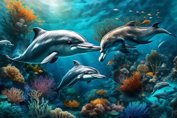 Fototapeta na wymiar Dolphins and a reef undersea environment. Electronic collage images as wallpaper. Generative Ai