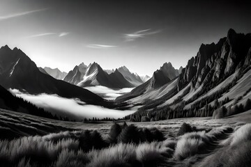 panorama of the majestic mountain range in monochrome beauty, black and white background, graphic concept with shape of valley, dark visual art, landscape with fog, panorama wallpaper, - obrazy, fototapety, plakaty