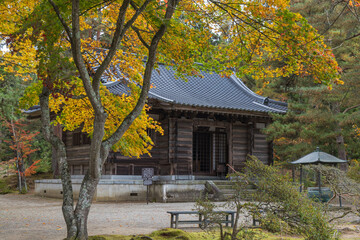 日本　岩手県西磐井郡平泉町にある毛越寺の開山堂と紅葉