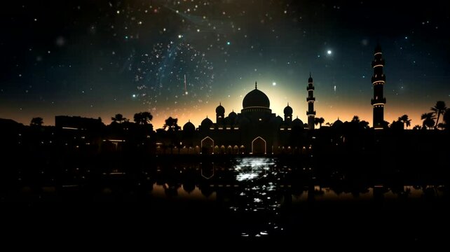 Mosque scene with stars in the background, animated virtual repeating seamless 4k	