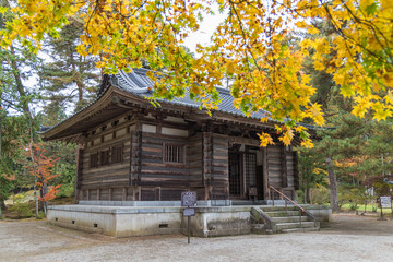 日本　岩手県西磐井郡平泉町にある毛越寺の開山堂と紅葉