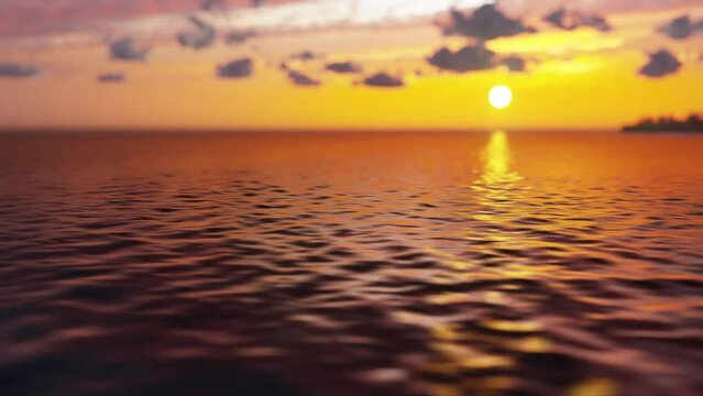 Fast motion over the ocean water and a beautiful sunset with an island in the background in defocus, 3D render