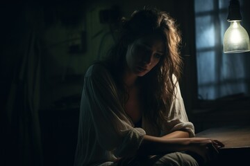 Woman sitting alone in a dimly lit room