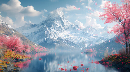 A mountain range where each peak is a different season, from snowy winters to blooming springs. 