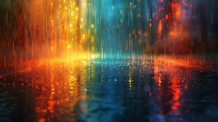 A world where the rain is made of light, casting vibrant colors across the landscape. 