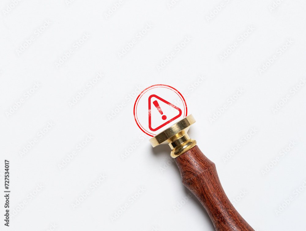 Poster rubber stamp with red triangle exclamation caution sign symbol for warning notification of dangerous