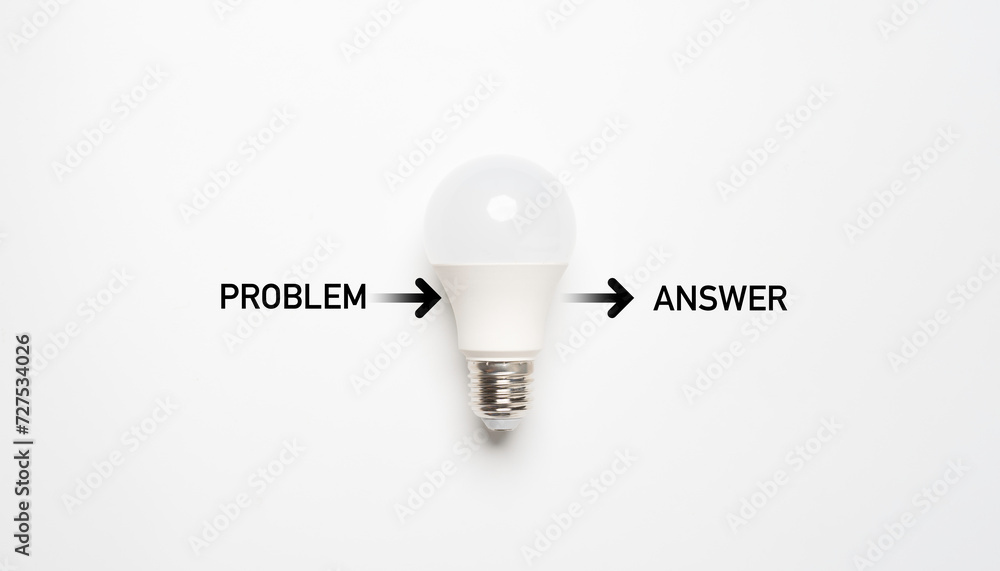 Poster white lightbulb with problem and answer wording for creative thinking idea and problem solving until