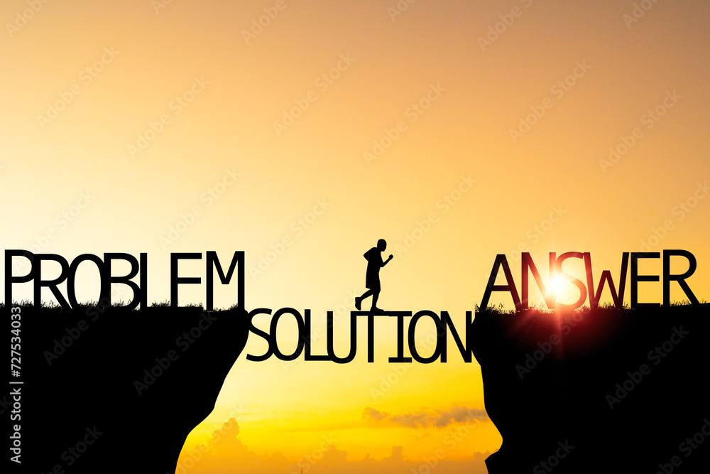 Poster silhouette man running from problem cliff to answer cliff pass thru solution with orange sky for cre