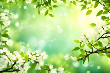 Fototapeta na wymiar Blossoming tree, bokeh, nature background. Green leaves border. Spring background. Illustration