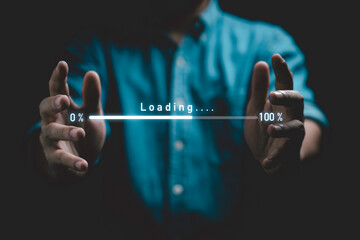 Digital loading bar progress from 0% to 100% between businessman hands for information download...