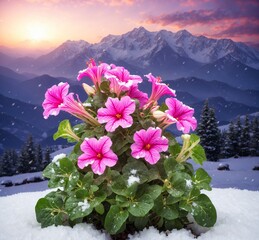 Pink flowers in the snow with mountains in the background at sunset.