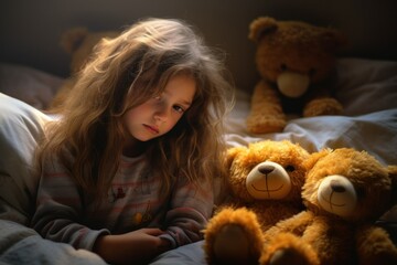 Young girl crying in a bedroom