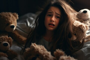 Young girl crying in a bedroom. 