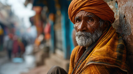 An old homeless Indian man sits alone on the street, worried and sad.