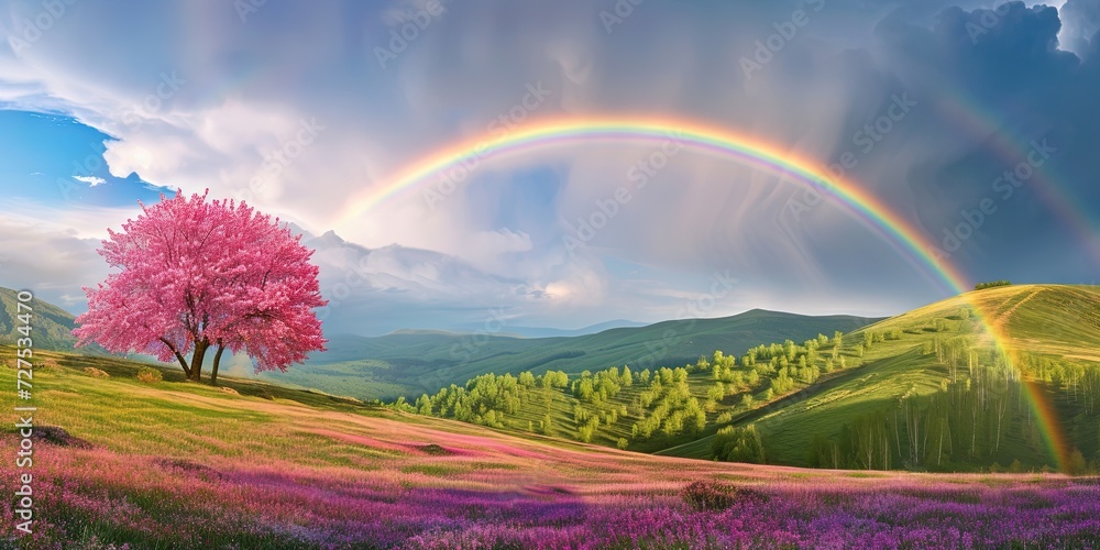 Wall mural colorful rainbow over scenic landscape