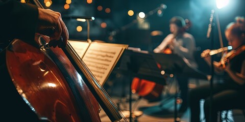 Fototapeta premium Orchestra playing music on stage while recording. Instrumentals with sheet music