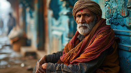 An old homeless Indian man sits alone on the street, worried and sad.