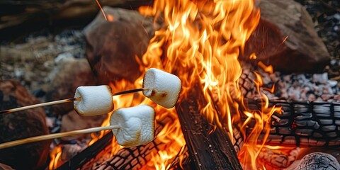 Roasting marshmallows on an open campfire for smores