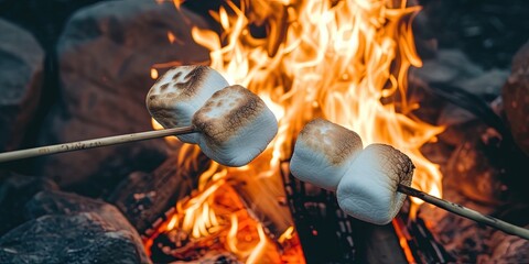 Roasting marshmallows on an open campfire for smores