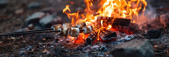 Roasting marshmallows on an open campfire for smores - obrazy, fototapety, plakaty