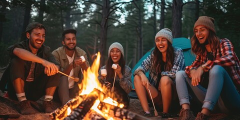 Group of happy campers roasting marshmallows over open campfire flame
