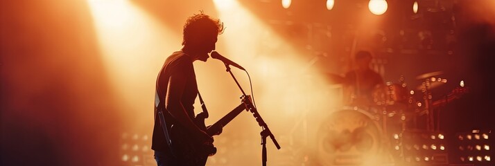 Rock star singing into microphone on stage during concert with lighting and smoke effects