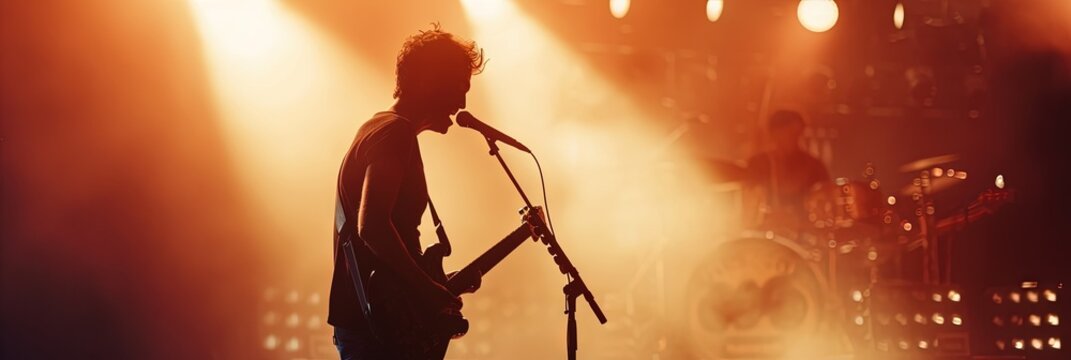 Rock star singing into microphone on stage during concert with lighting and smoke effects