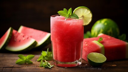 Refreshing watermelon juice with lime, mint garnish