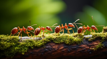 Close-up of cooperative ants forming a chain