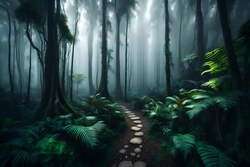 Exotic foggy forest. Jungle panorama, forest oasis. Foggy dark forest. Natural forest landscape. 3D illustration. 