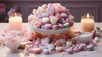 Playful abundance of heart-shaped sweets in soft, dreamy tones