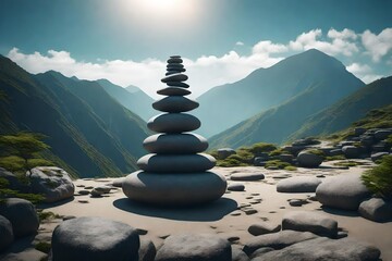 Zen meditation landscape. Calm and spiritual nature environment. Stone balance - obrazy, fototapety, plakaty