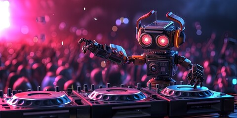 AI robot DJ playing turntables for artificial intelligence music concept
