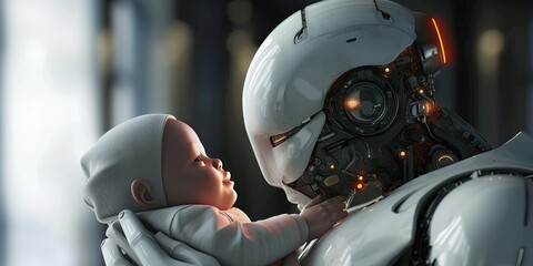 Robot nanny taking care of human infant baby for AI artificial intelligence parenting concept - obrazy, fototapety, plakaty