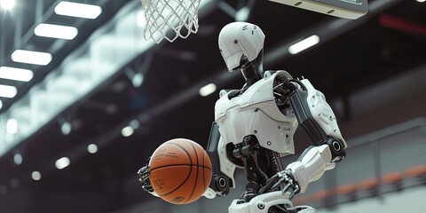 Robot athlete playing basketball on the court - obrazy, fototapety, plakaty
