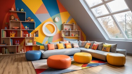 Whimsical children's playroom with colorful decor, interactive