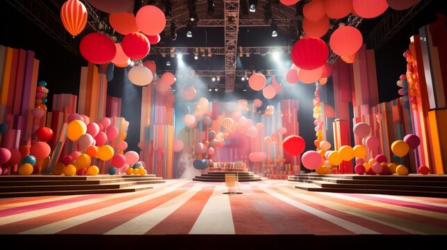 Circus-themed celebration stage with vibrant stripes and balloons