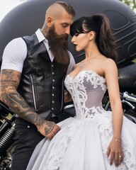 Beautiful and sexy motorcycle bride and groom