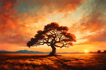 vintage oil painting sunset lonely tree nature landscape.  
